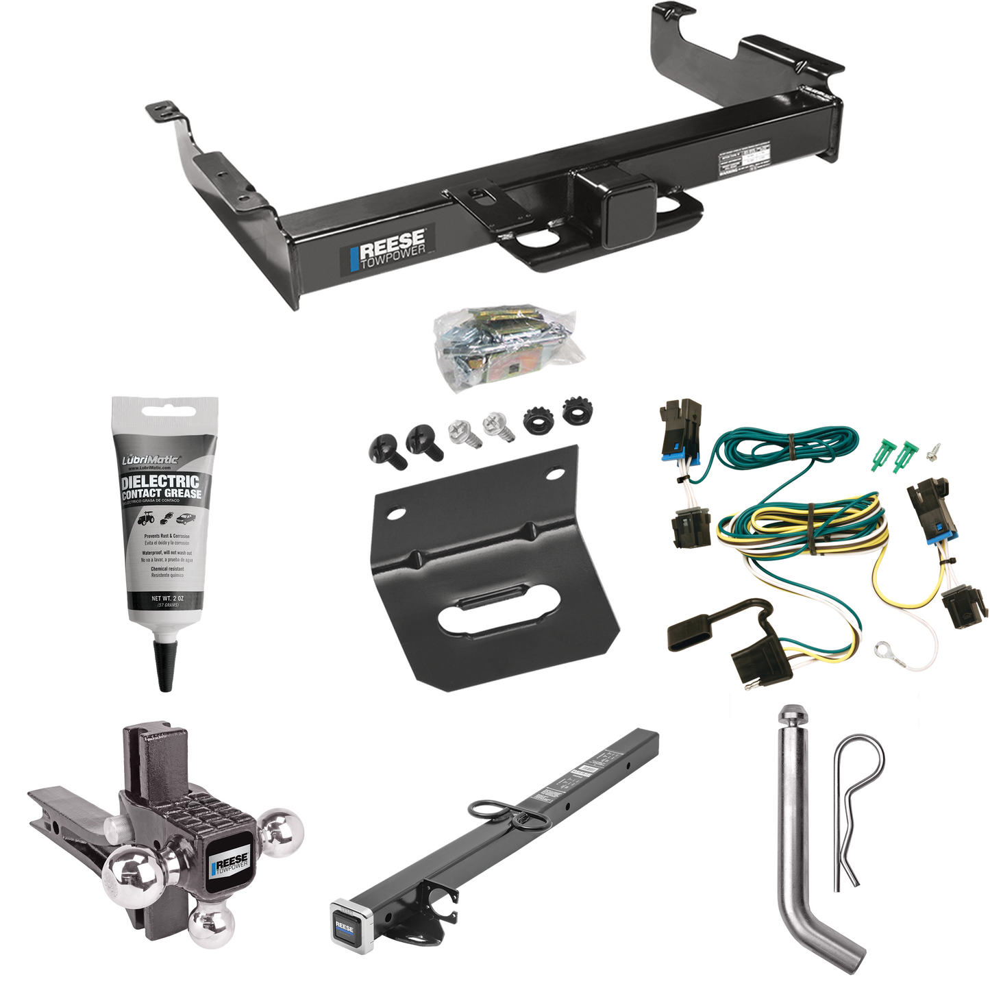 Fits 2003-2023 GMC Savana 2500 Trailer Hitch Tow PKG w/ 4-Flat Wiring Harness + 2-1/2" to 2" Adapter 24" Length + Adjustable Drop Rise Triple Ball Ball Mount 1-7/8" & 2" & 2-5/16" Trailer Balls + Pin/Clip + Wiring Bracket + Electric Grease By Reese T