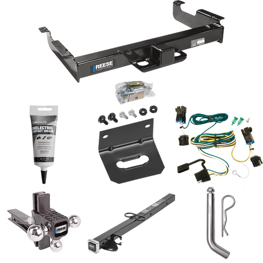 Fits 2003-2023 GMC Savana 2500 Trailer Hitch Tow PKG w/ 4-Flat Wiring Harness + 2-1/2" to 2" Adapter 24" Length + Adjustable Drop Rise Triple Ball Ball Mount 1-7/8" & 2" & 2-5/16" Trailer Balls + Pin/Clip + Wiring Bracket + Electric Grease By Reese T