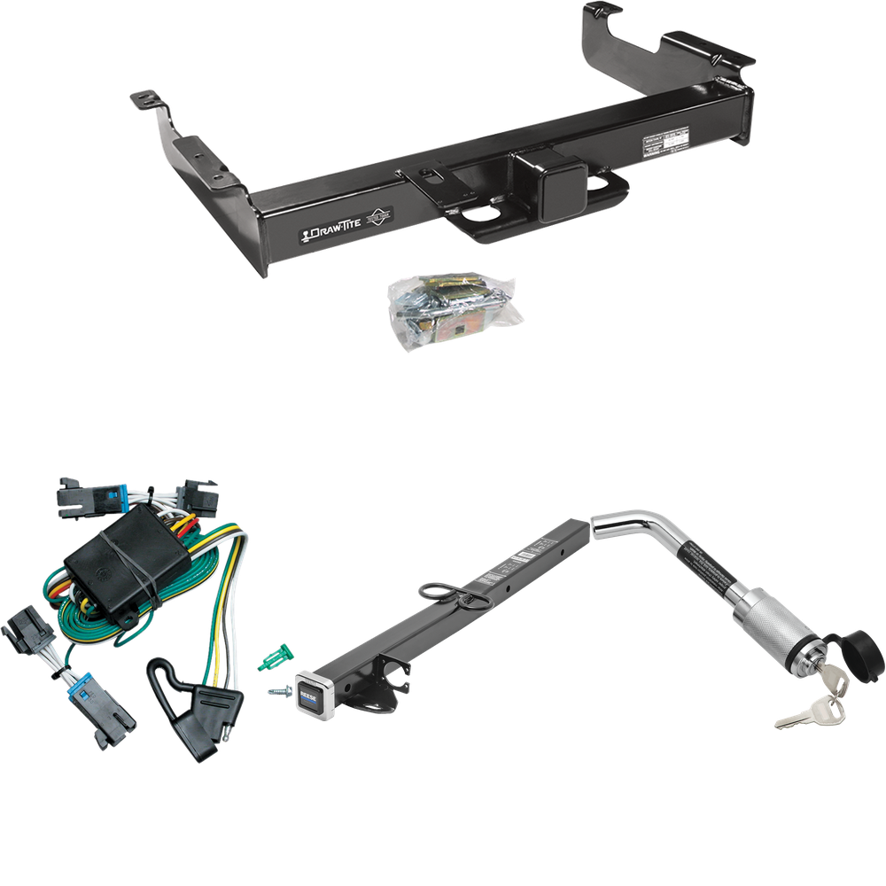 Fits 2000-2002 Chevrolet Express 3500 Trailer Hitch Tow PKG w/ 4-Flat Wiring Harness + 2-1/2" to 2" Adapter 24" Length + Hitch Lock By Draw-Tite