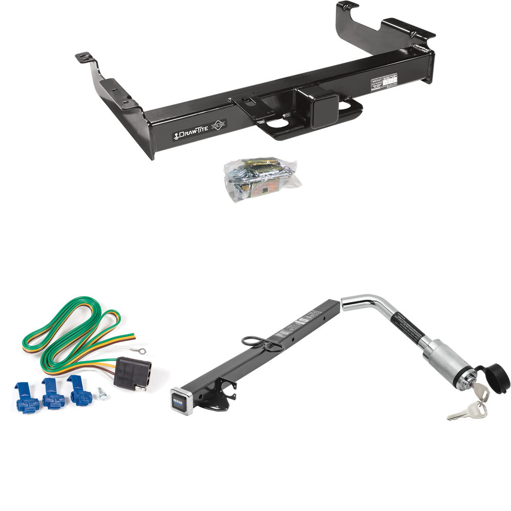 Fits 1996-1999 Chevrolet Express 3500 Trailer Hitch Tow PKG w/ 4-Flat Wiring Harness + 2-1/2" to 2" Adapter 24" Length + Hitch Lock By Draw-Tite