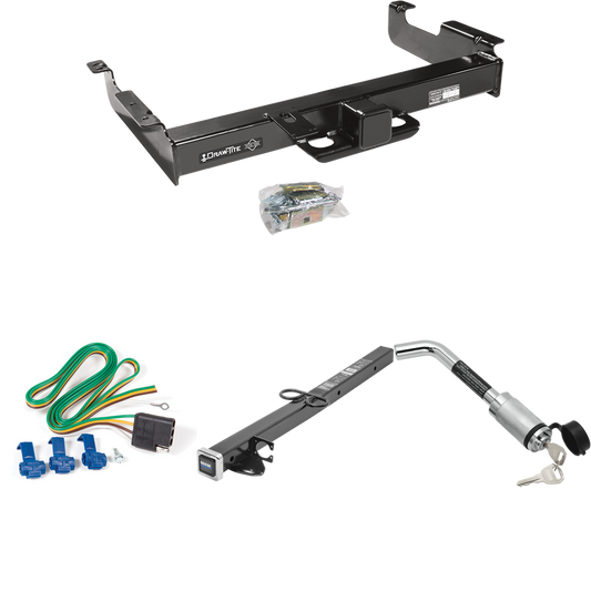 Fits 1996-1999 Chevrolet Express 3500 Trailer Hitch Tow PKG w/ 4-Flat Wiring Harness + 2-1/2" to 2" Adapter 24" Length + Hitch Lock By Draw-Tite