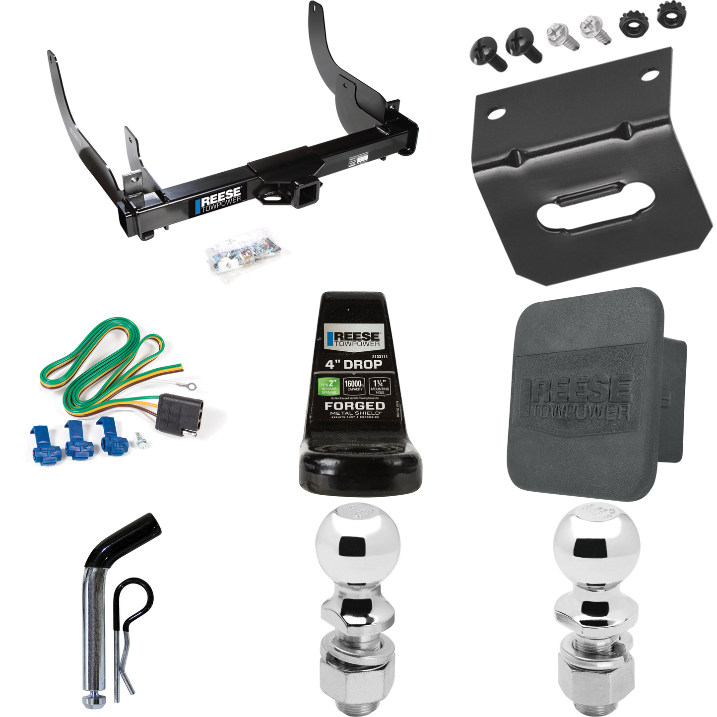 Fits 2006-2008 Ford F-150 Trailer Hitch Tow PKG w/ 4-Flat Wiring Harness + Ball Mount w/ 4" Drop + Pin/Clip + 2" Ball + 2-5/16" Ball + Hitch Cover + Wiring Bracket By Reese Towpower