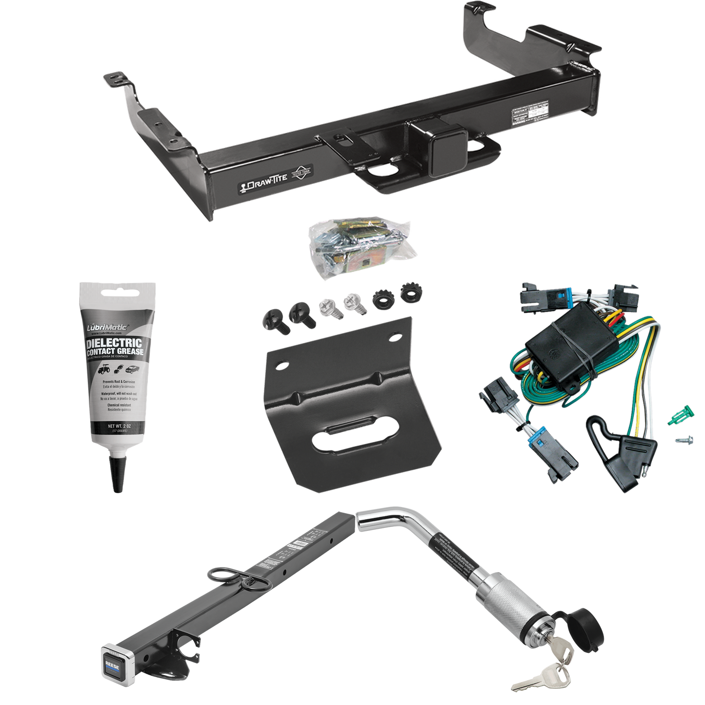 Se adapta al paquete de remolque con enganche para remolque Chevrolet Express 3500 2000-2002 con arnés de cableado plano de 4 + adaptador de 2-1/2" a 2" de 24" de largo + bloqueo de enganche + soporte de cableado + grasa eléctrica de Draw-Tite