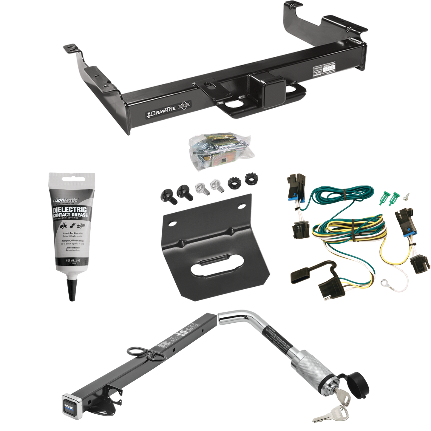 Fits 2003-2023 GMC Savana 3500 Trailer Hitch Tow PKG w/ 4-Flat Wiring Harness + 2-1/2" to 2" Adapter 24" Length + Hitch Lock + Wiring Bracket + Electric Grease By Draw-Tite