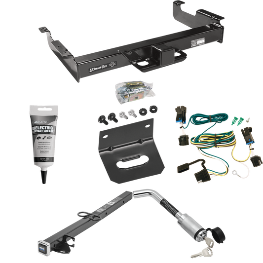 Fits 2003-2023 GMC Savana 3500 Trailer Hitch Tow PKG w/ 4-Flat Wiring Harness + 2-1/2" to 2" Adapter 24" Length + Hitch Lock + Wiring Bracket + Electric Grease By Draw-Tite