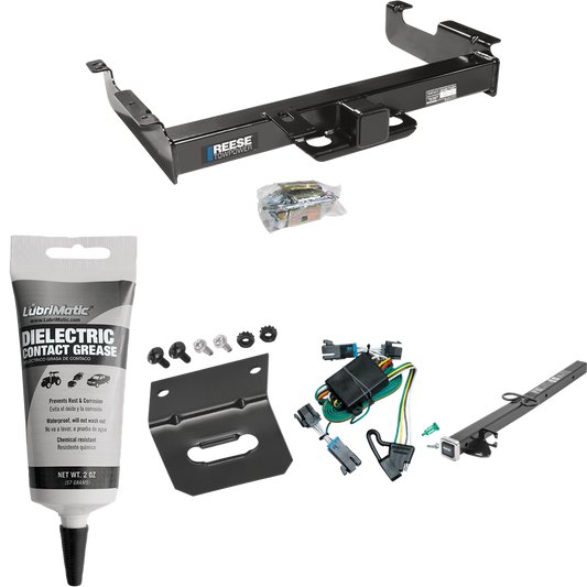 Fits 2000-2002 Chevrolet Express 2500 Trailer Hitch Tow PKG w/ 4-Flat Wiring Harness + 2-1/2" to 2" Adapter 24" Length + Wiring Bracket + Electric Grease By Reese Towpower