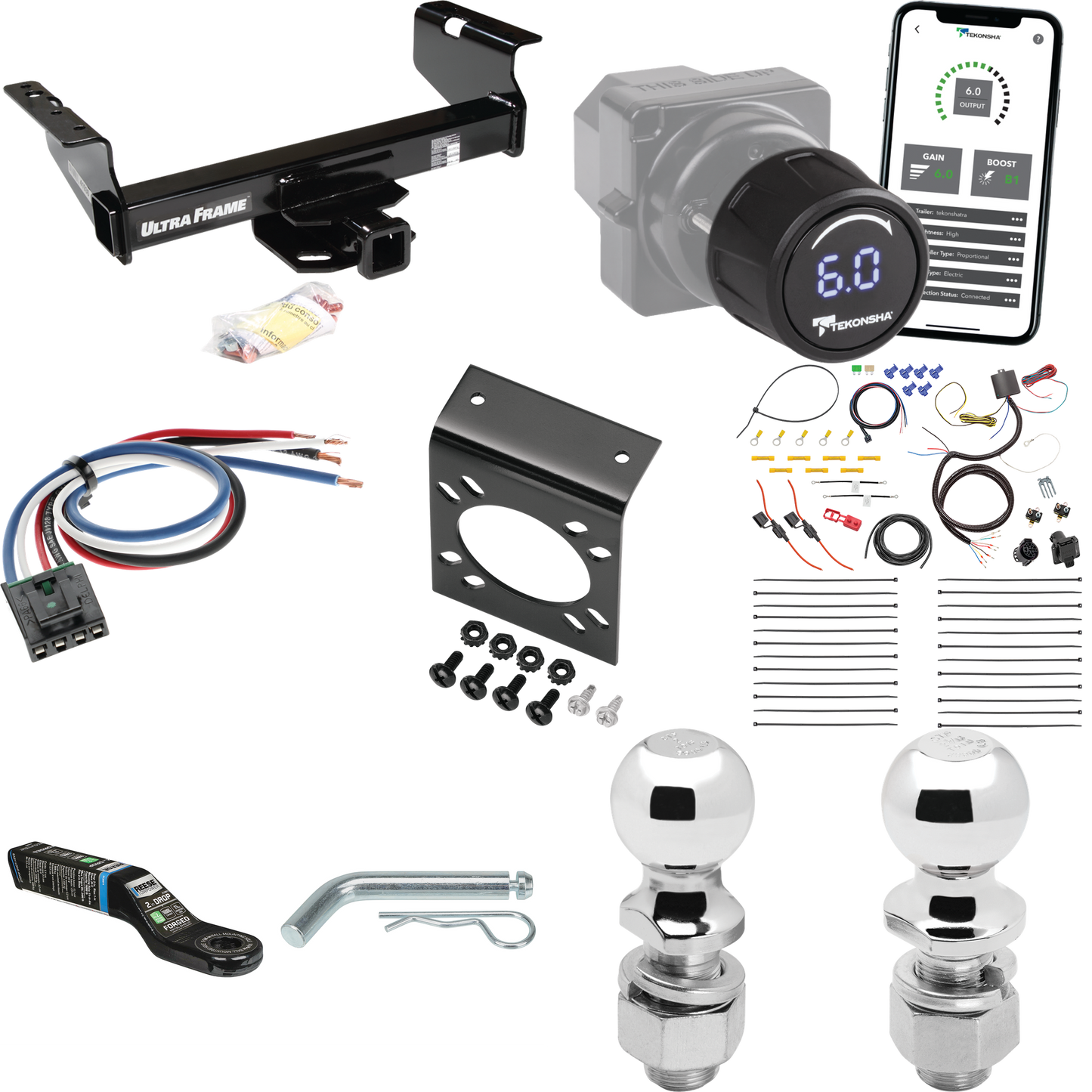 Fits 2007-2014 GMC Sierra 3500 HD Trailer Hitch Tow PKG w/ Tekonsha Prodigy iD Bluetooth Wireless Brake Control + Generic BC Wiring Adapter + 7-Way RV Wiring + 2" & 2-5/16" Ball & Drop Mount (For Cab & Chassis, w/34" Wide Frames Models) By Draw-Tite