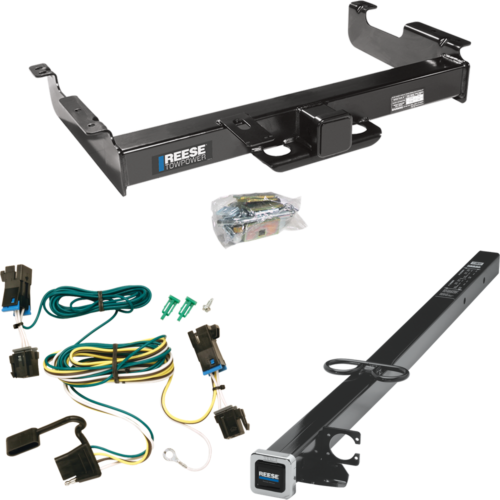 Fits 2003-2023 GMC Savana 2500 Trailer Hitch Tow PKG w/ 4-Flat Wiring Harness + 2-1/2" to 2" Adapter 41" Length By Reese Towpower