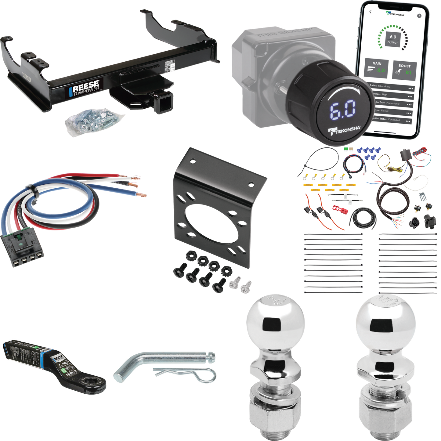 Fits 2007-2014 GMC Sierra 3500 HD Trailer Hitch Tow PKG w/ Tekonsha Prodigy iD Bluetooth Wireless Brake Control + Generic BC Wiring Adapter + 7-Way RV Wiring + 2" & 2-5/16" Ball & Drop Mount (For Cab & Chassis, w/34" Wide Frames Models) By Reese Towp