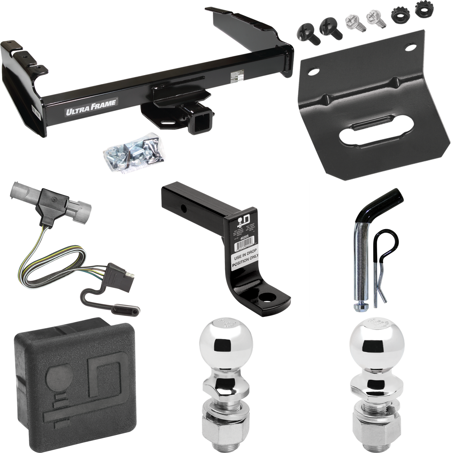 Fits 1997-1997 Ford F-350 Trailer Hitch Tow PKG w/ 4-Flat Wiring Harness + Ball Mount w/ 6" Drop + Pin/Clip + 2" Ball + 2-5/16" Ball + Hitch Cover + Wiring Bracket (For Heavy Duty Models) By Draw-Tite