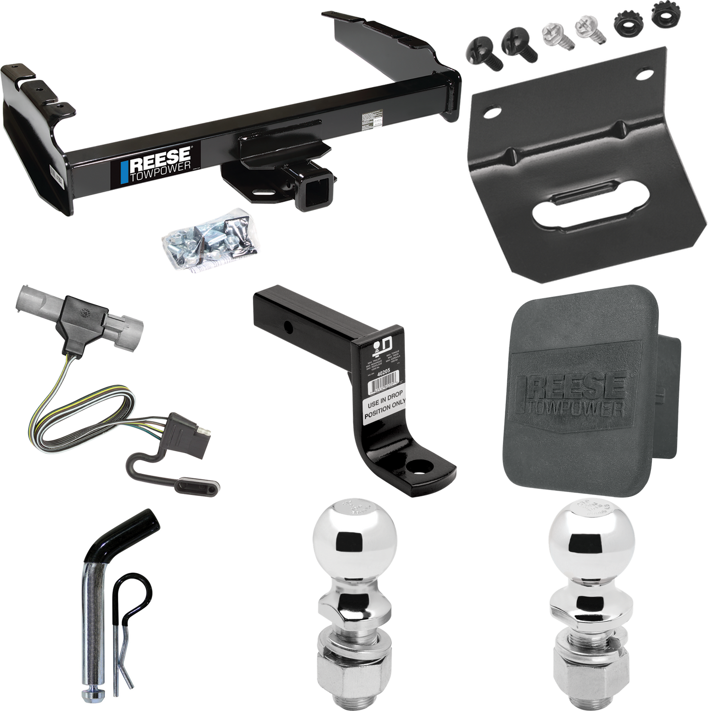 Fits 1987-1996 Ford F-350 Trailer Hitch Tow PKG w/ 4-Flat Wiring Harness + Ball Mount w/ 6" Drop + Pin/Clip + 2" Ball + 2-5/16" Ball + Hitch Cover + Wiring Bracket By Reese Towpower