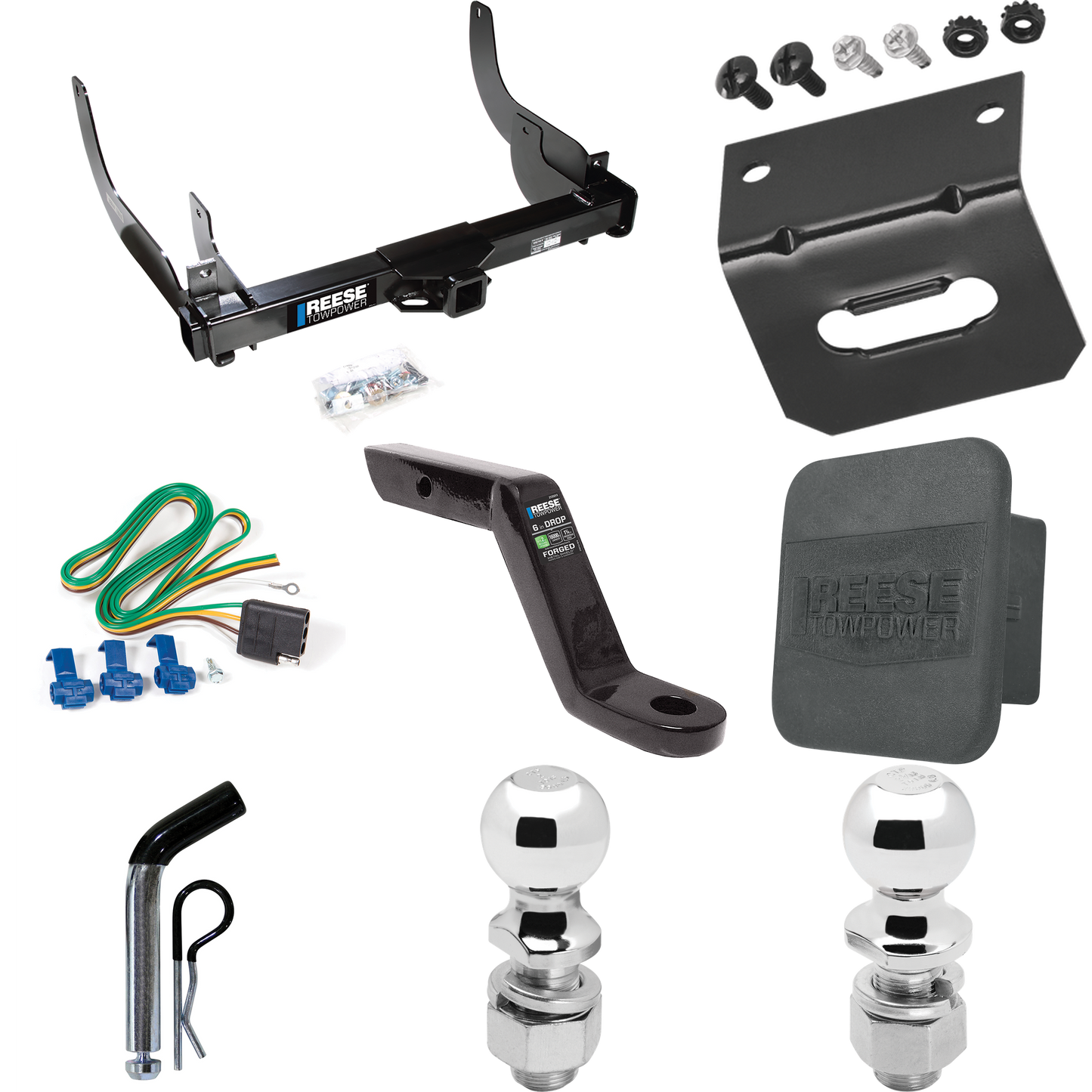 Fits 2006-2008 Ford F-150 Trailer Hitch Tow PKG w/ 4-Flat Wiring Harness + Ball Mount w/ 6" Drop + Pin/Clip + 2" Ball + 2-5/16" Ball + Hitch Cover + Wiring Bracket By Reese Towpower