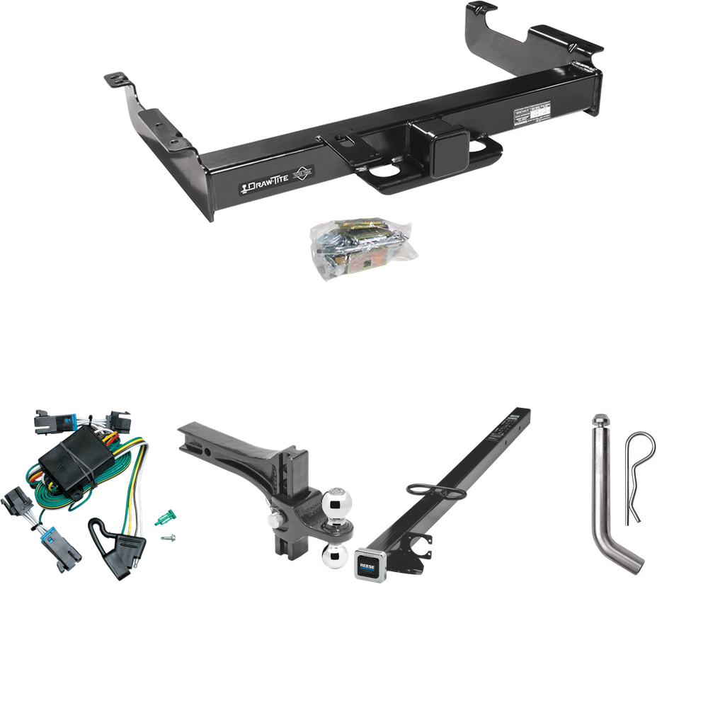 Fits 2000-2002 GMC Savana 2500 Trailer Hitch Tow PKG w/ 4-Flat Wiring Harness + 2-1/2" to 2" Adapter 41" Length + Adjustable Drop Rise Dual Ball Ball Mount 2" & 2-5/16" Trailer Balls + Pin/Clip By Draw-Tite