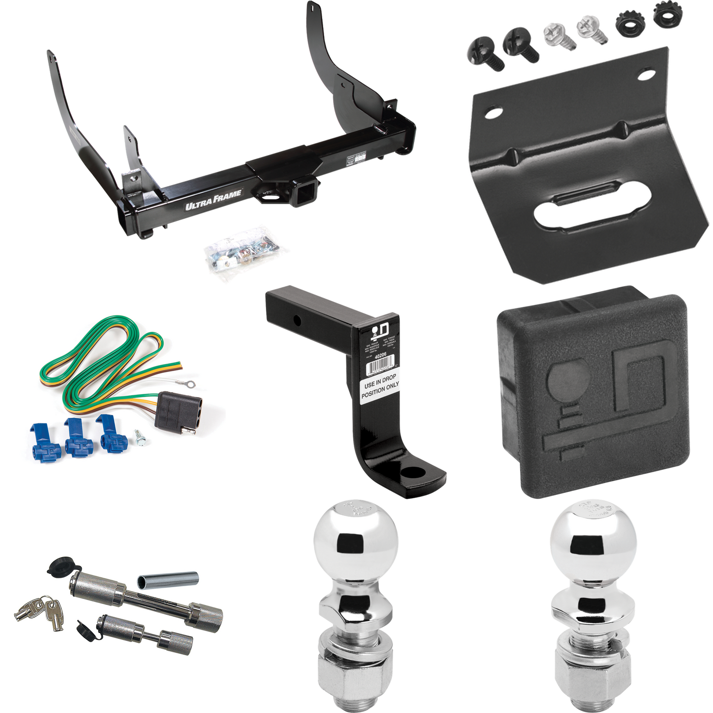 Fits 2006-2008 Ford F-150 Trailer Hitch Tow PKG w/ 4-Flat Wiring Harness + Ball Mount w/ 8" Drop + Dual Hitch & Coupler Locks + 2" Ball + 2-5/16" Ball + Hitch Cover + Wiring Bracket By Draw-Tite