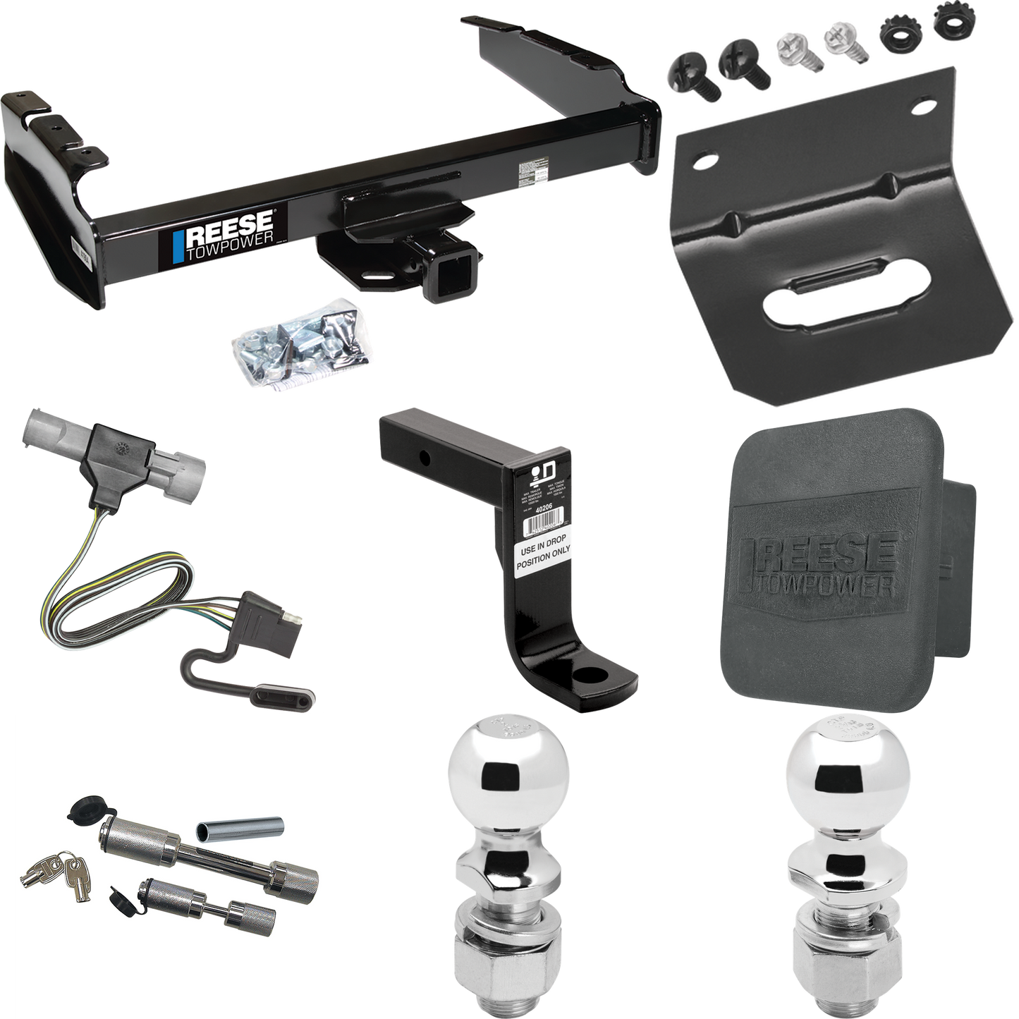 Fits 1987-1996 Ford F-150 Trailer Hitch Tow PKG w/ 4-Flat Wiring Harness + Ball Mount w/ 8" Drop + Dual Hitch & Coupler Locks + 2" Ball + 2-5/16" Ball + Hitch Cover + Wiring Bracket By Reese Towpower