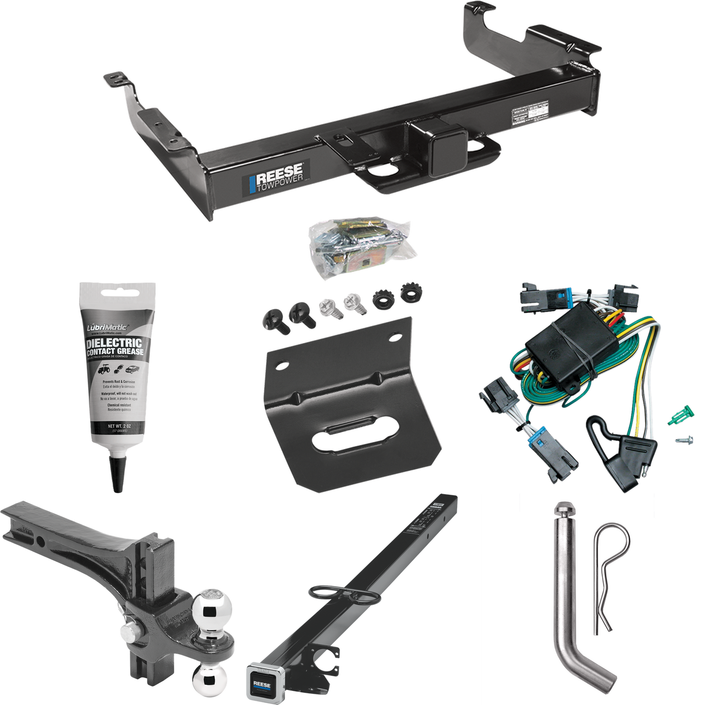 Fits 2000-2002 GMC Savana 2500 Trailer Hitch Tow PKG w/ 4-Flat Wiring Harness + 2-1/2" to 2" Adapter 41" Length + Adjustable Drop Rise Dual Ball Ball Mount 2" & 2-5/16" Trailer Balls + Pin/Clip + Wiring Bracket + Electric Grease By Reese Towpower