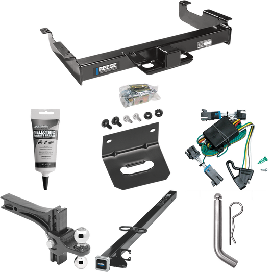 Fits 2000-2002 GMC Savana 2500 Trailer Hitch Tow PKG w/ 4-Flat Wiring Harness + 2-1/2" to 2" Adapter 41" Length + Adjustable Drop Rise Dual Ball Ball Mount 2" & 2-5/16" Trailer Balls + Pin/Clip + Wiring Bracket + Electric Grease By Reese Towpower