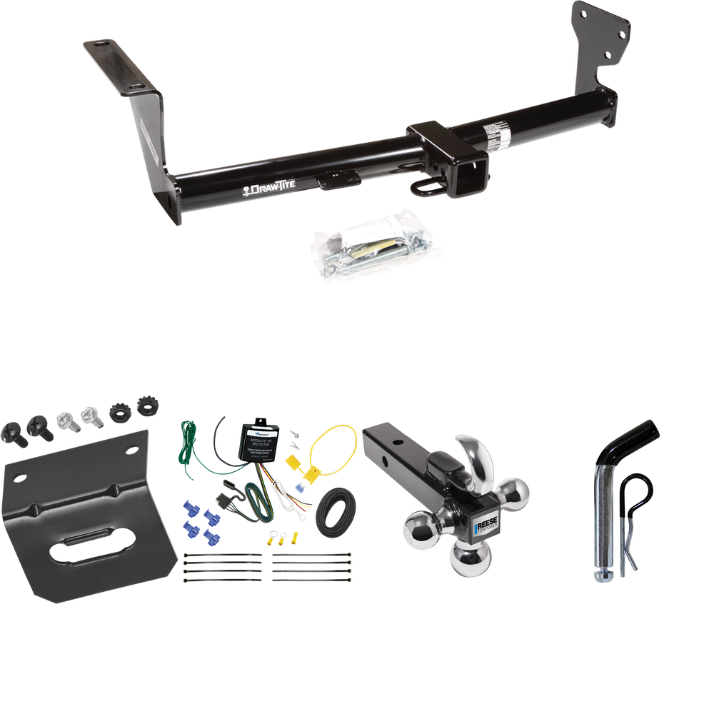 Fits 2008-2014 Land Rover LR2 Trailer Hitch Tow PKG w/ 4-Flat Wiring Harness + Triple Ball Ball Mount 1-7/8" & 2" & 2-5/16" Trailer Balls w/ Tow Hook + Pin/Clip + Wiring Bracket By Draw-Tite