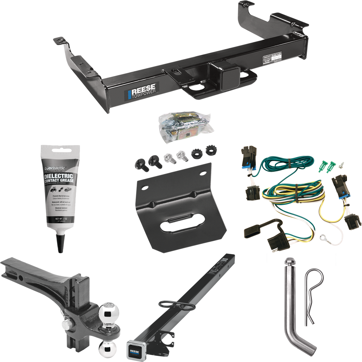 Fits 2003-2023 GMC Savana 2500 Trailer Hitch Tow PKG w/ 4-Flat Wiring Harness + 2-1/2" to 2" Adapter 41" Length + Adjustable Drop Rise Dual Ball Ball Mount 2" & 2-5/16" Trailer Balls + Pin/Clip + Wiring Bracket + Electric Grease By Reese Towpower