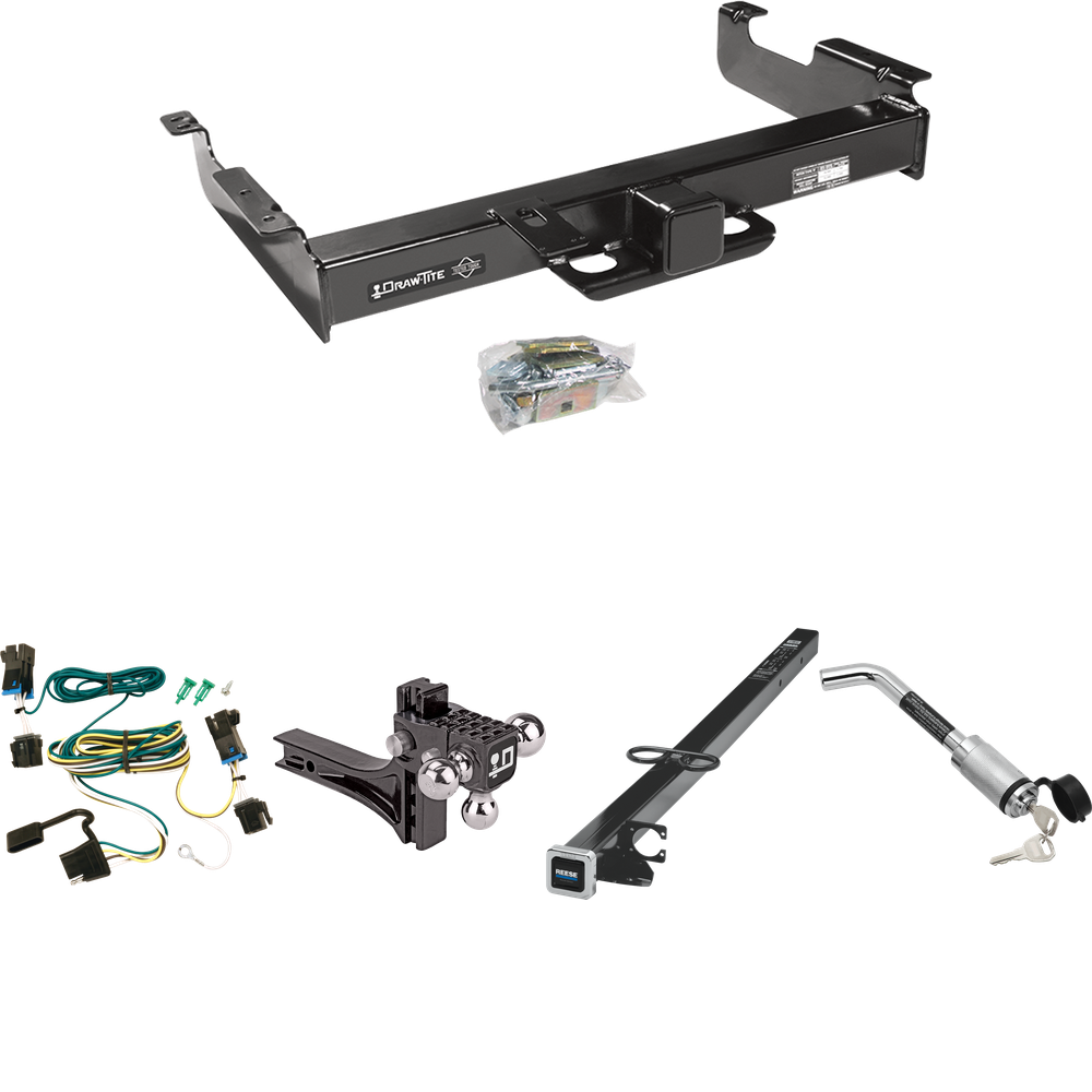 Fits 2003-2023 GMC Savana 3500 Trailer Hitch Tow PKG w/ 4-Flat Wiring Harness + 2-1/2" to 2" Adapter 41" Length + Adjustable Drop Rise Triple Ball Ball Mount 1-7/8" & 2" & 2-5/16" Trailer Balls + Hitch Lock By Draw-Tite