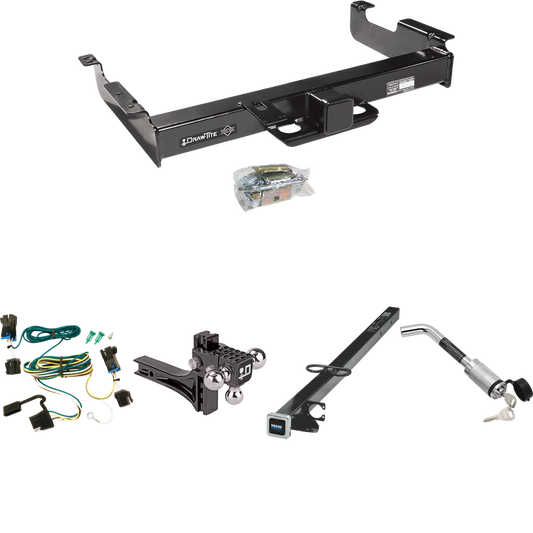 Fits 2003-2023 GMC Savana 3500 Trailer Hitch Tow PKG w/ 4-Flat Wiring Harness + 2-1/2" to 2" Adapter 41" Length + Adjustable Drop Rise Triple Ball Ball Mount 1-7/8" & 2" & 2-5/16" Trailer Balls + Hitch Lock By Draw-Tite