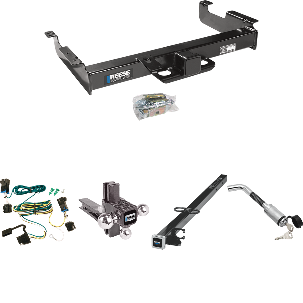 Fits 2003-2023 Chevrolet Express 3500 Trailer Hitch Tow PKG w/ 4-Flat Wiring Harness + 2-1/2" to 2" Adapter 41" Length + Adjustable Drop Rise Triple Ball Ball Mount 1-7/8" & 2" & 2-5/16" Trailer Balls + Hitch Lock By Reese Towpower