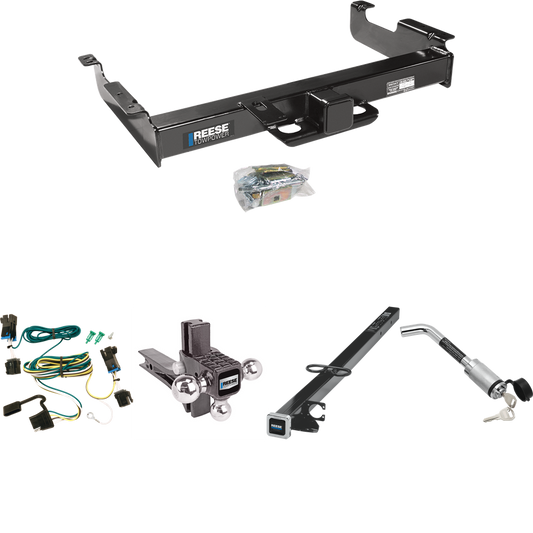 Fits 2003-2023 Chevrolet Express 3500 Trailer Hitch Tow PKG w/ 4-Flat Wiring Harness + 2-1/2" to 2" Adapter 41" Length + Adjustable Drop Rise Triple Ball Ball Mount 1-7/8" & 2" & 2-5/16" Trailer Balls + Hitch Lock By Reese Towpower