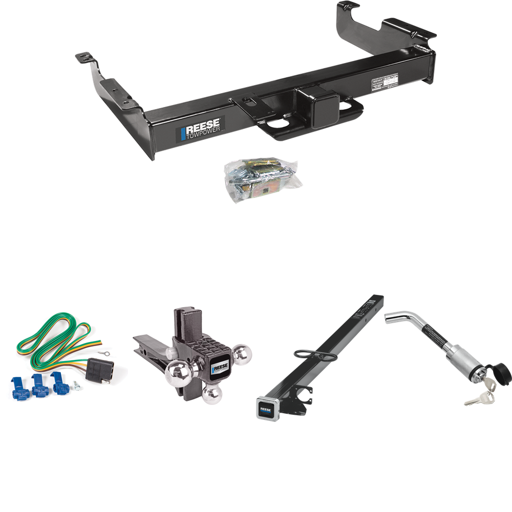 Fits 1996-1999 Chevrolet Express 3500 Trailer Hitch Tow PKG w/ 4-Flat Wiring Harness + 2-1/2" to 2" Adapter 41" Length + Adjustable Drop Rise Triple Ball Ball Mount 1-7/8" & 2" & 2-5/16" Trailer Balls + Hitch Lock By Reese Towpower