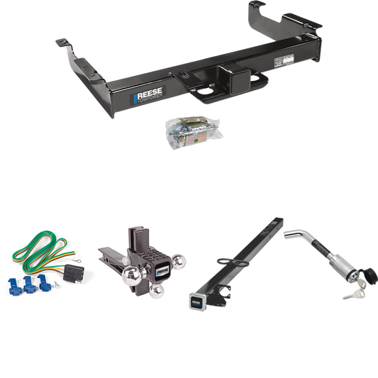 Fits 1996-1999 Chevrolet Express 3500 Trailer Hitch Tow PKG w/ 4-Flat Wiring Harness + 2-1/2" to 2" Adapter 41" Length + Adjustable Drop Rise Triple Ball Ball Mount 1-7/8" & 2" & 2-5/16" Trailer Balls + Hitch Lock By Reese Towpower