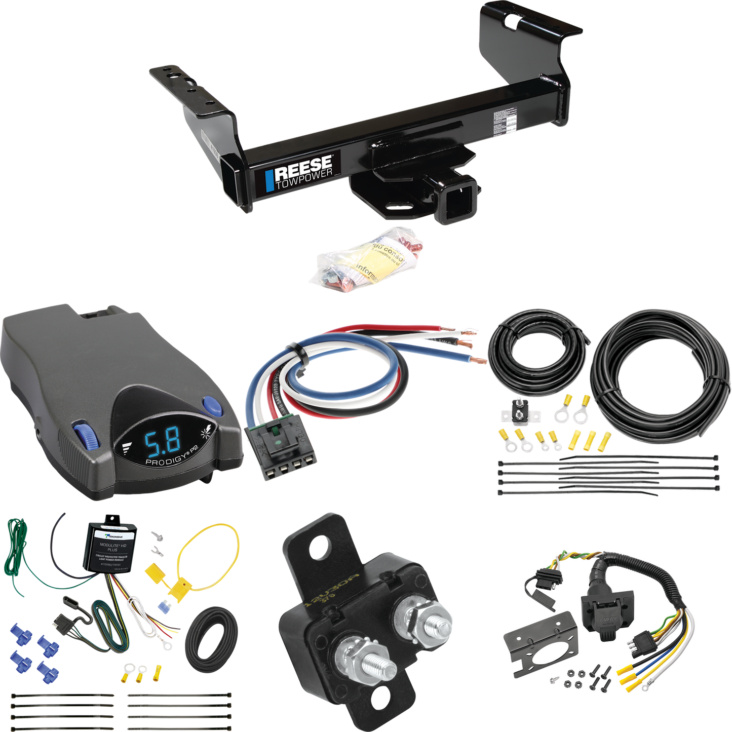 Fits 2007-2014 Chevrolet Silverado 3500 HD Trailer Hitch Tow PKG w/ Tekonsha Prodigy P2 Brake Control + Generic BC Wiring Adapter + 7-Way RV Wiring (For Cab & Chassis, w/34" Wide Frames Models) By Reese Towpower