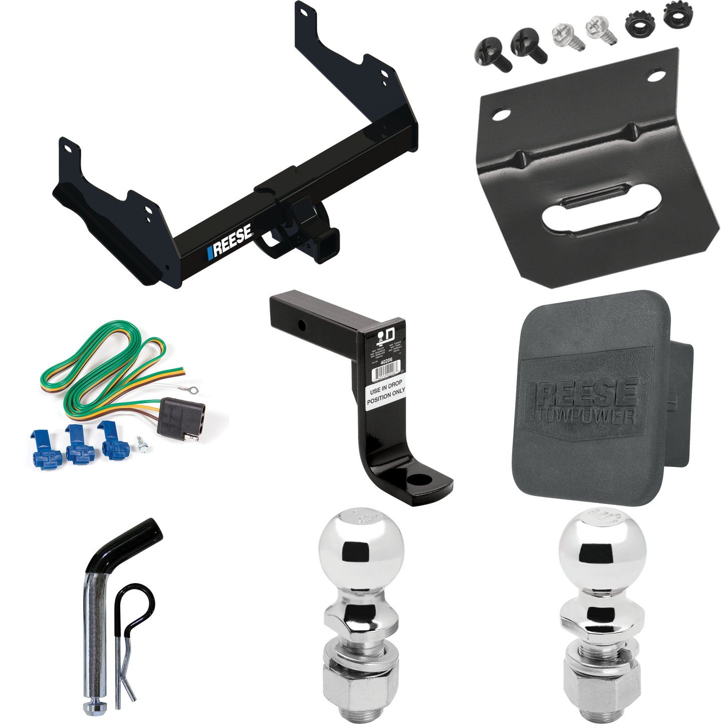 Fits 2015-2023 Ford F-150 Trailer Hitch Tow PKG w/ 4-Flat Wiring Harness + Ball Mount w/ 8" Drop + Pin/Clip + 2" Ball + 2-5/16" Ball + Hitch Cover + Wiring Bracket By Reese Towpower