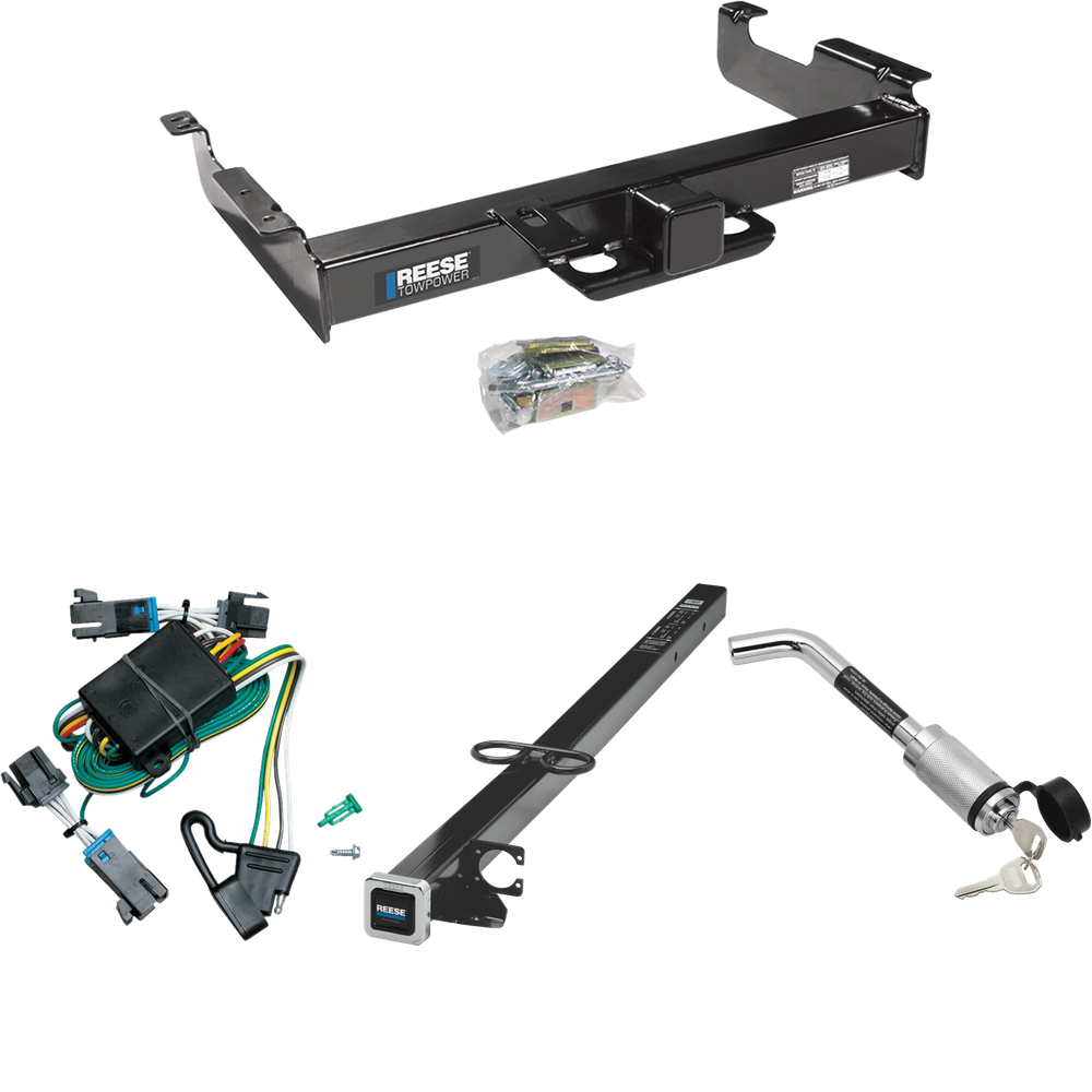 Fits 2000-2002 Chevrolet Express 2500 Trailer Hitch Tow PKG w/ 4-Flat Wiring Harness + 2-1/2" to 2" Adapter 41" Length + Hitch Lock By Reese Towpower