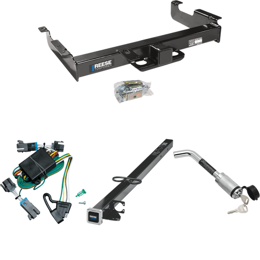 Fits 2000-2002 Chevrolet Express 2500 Trailer Hitch Tow PKG w/ 4-Flat Wiring Harness + 2-1/2" to 2" Adapter 41" Length + Hitch Lock By Reese Towpower