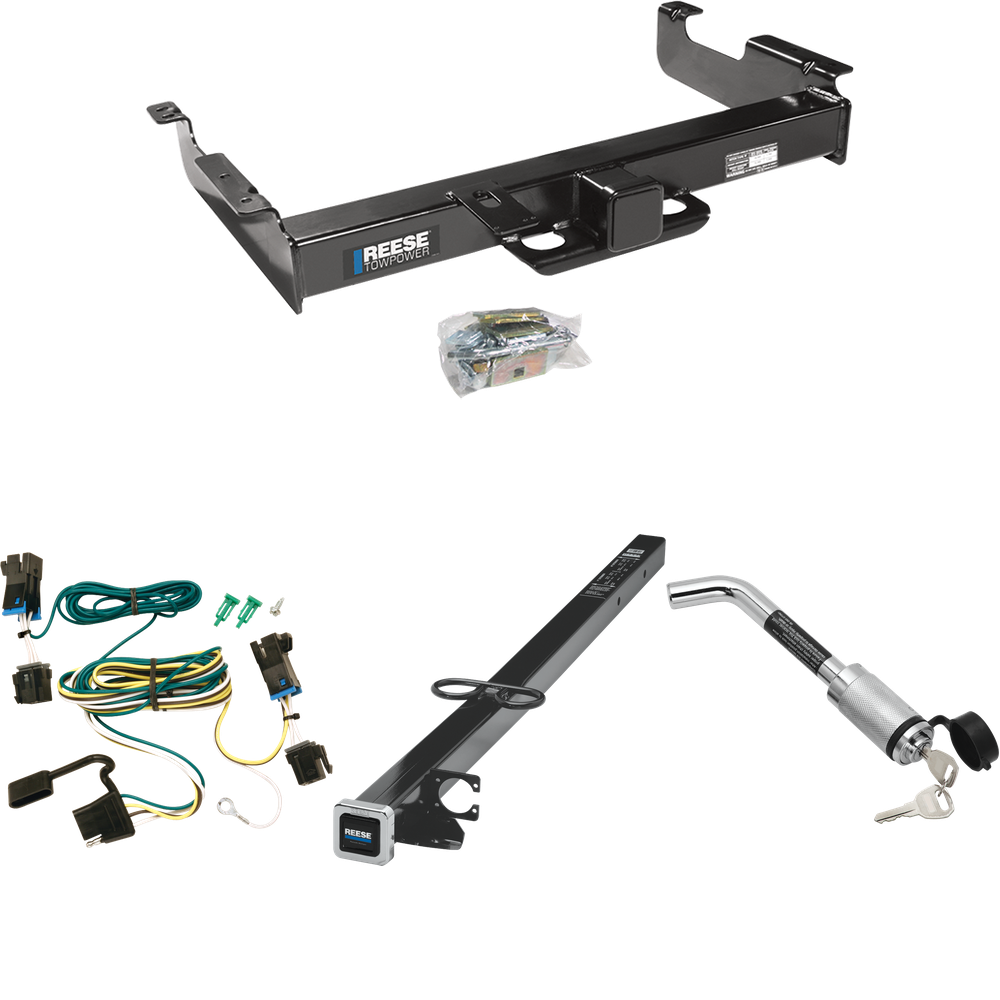 Fits 2003-2023 Chevrolet Express 2500 Trailer Hitch Tow PKG w/ 4-Flat Wiring Harness + 2-1/2" to 2" Adapter 41" Length + Hitch Lock By Reese Towpower