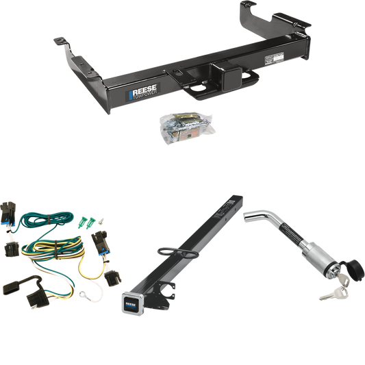 Fits 2003-2023 Chevrolet Express 2500 Trailer Hitch Tow PKG w/ 4-Flat Wiring Harness + 2-1/2" to 2" Adapter 41" Length + Hitch Lock By Reese Towpower