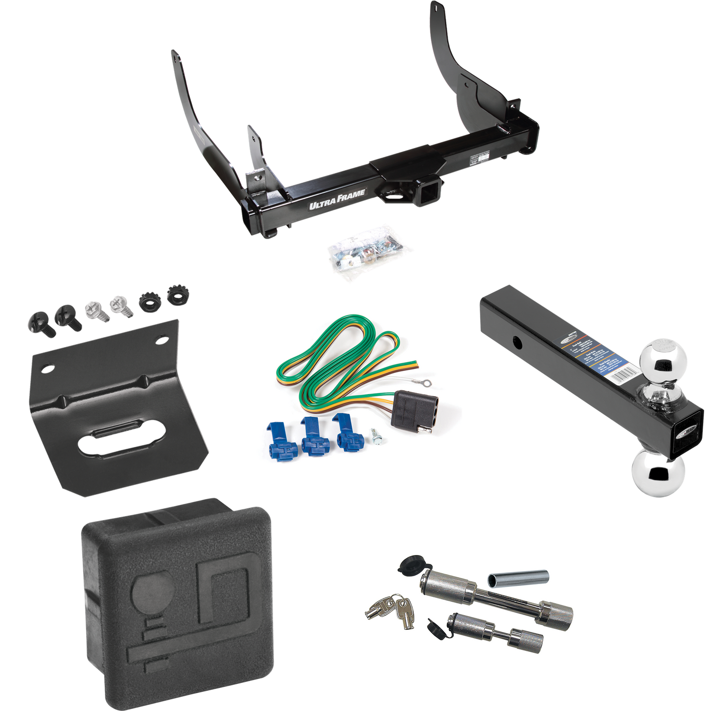 Fits 2006-2008 Ford F-150 Trailer Hitch Tow PKG w/ 4-Flat Wiring Harness + Dual Ball Ball Mount 2" & 2-5/16" Trailer Balls + Dual Hitch & Coupler Locks + Hitch Cover + Wiring Bracket By Draw-Tite