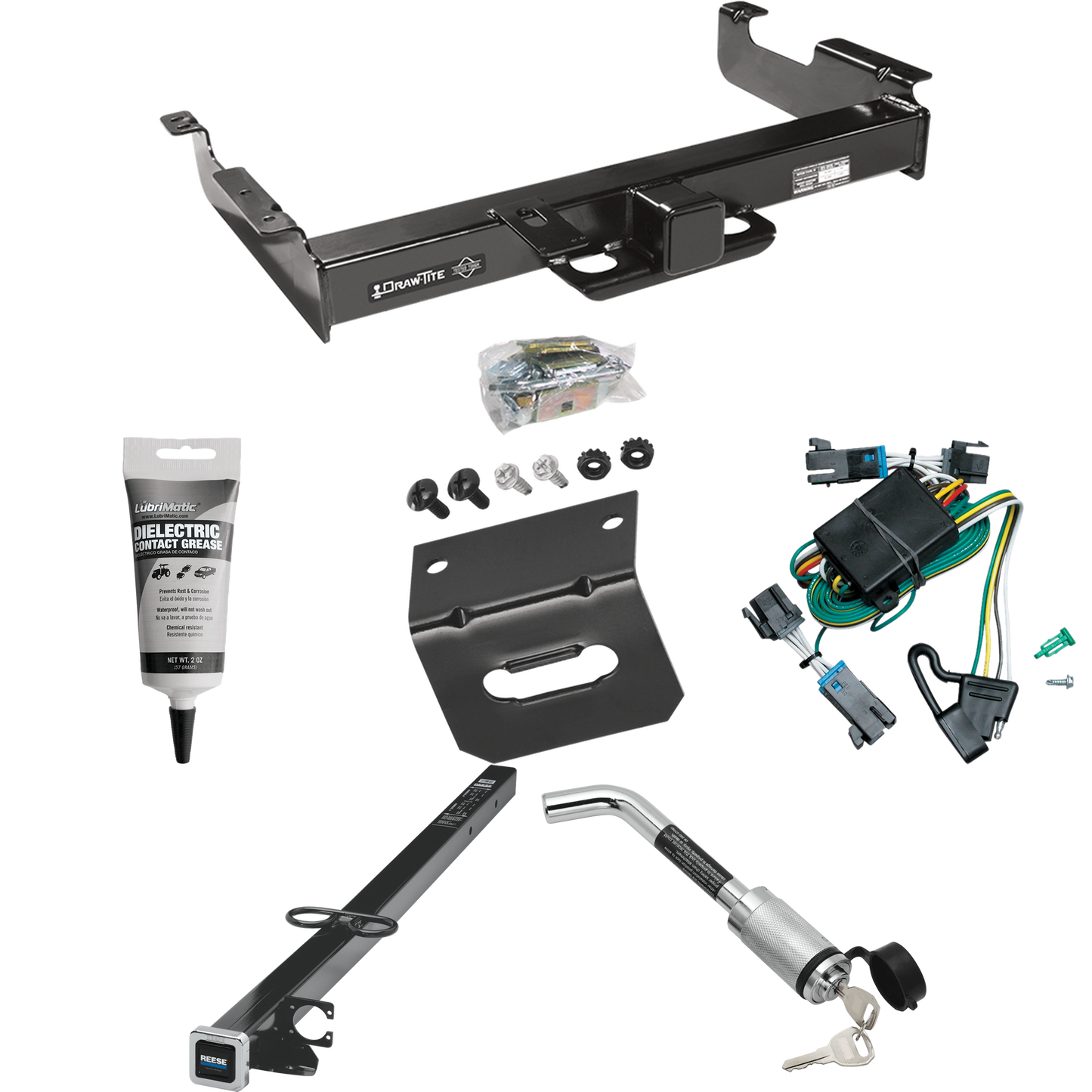 Se adapta al paquete de enganche de remolque GMC Savana 3500 2000-2002 con arnés de cableado plano de 4 + adaptador de 2-1/2" a 2" de 41" de longitud + bloqueo de enganche + soporte de cableado + grasa eléctrica de Draw-Tite