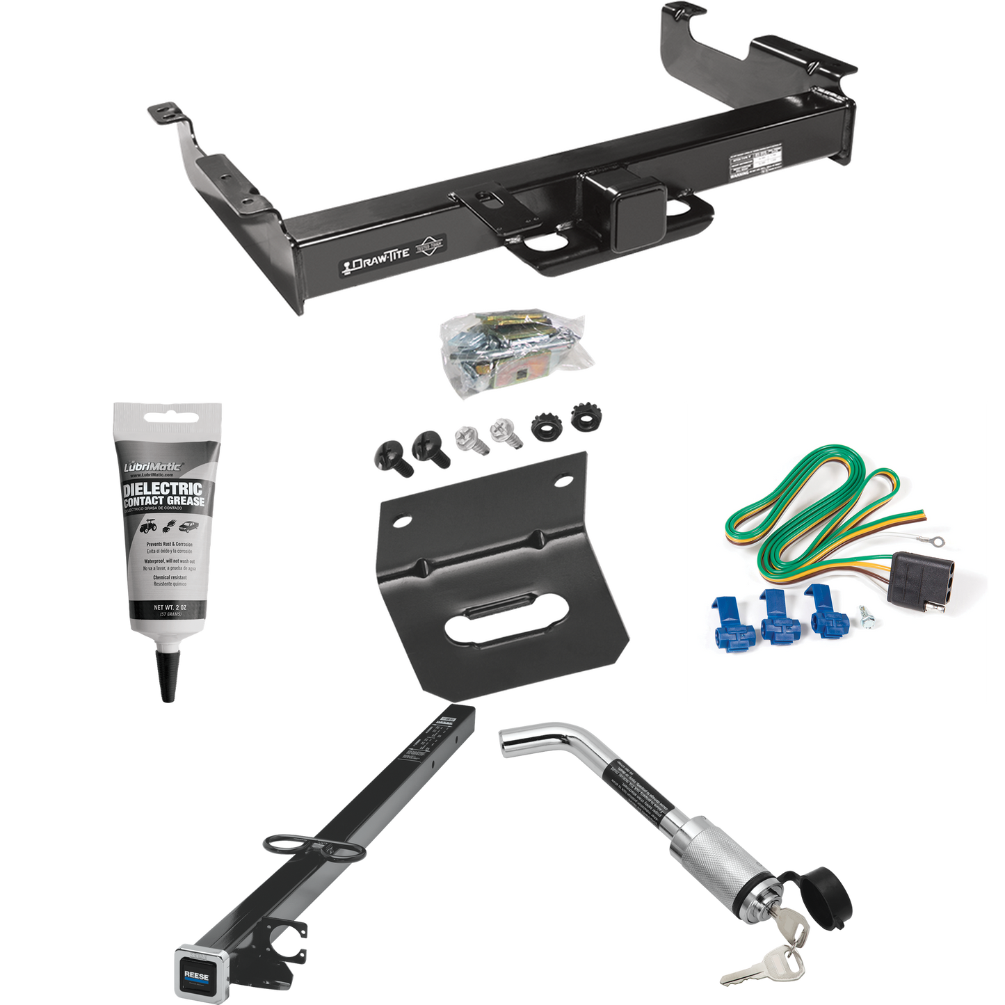 Fits 1996-1999 GMC Savana 2500 Trailer Hitch Tow PKG w/ 4-Flat Wiring Harness + 2-1/2" to 2" Adapter 41" Length + Hitch Lock + Wiring Bracket + Electric Grease By Draw-Tite