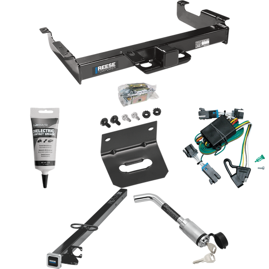 Se adapta al paquete de remolque con enganche para remolque Chevrolet Express 2500 2000-2002 con arnés de cableado plano de 4 + adaptador de 2-1/2" a 2" de 41" de longitud + bloqueo de enganche + soporte de cableado + grasa eléctrica de Reese Towpower