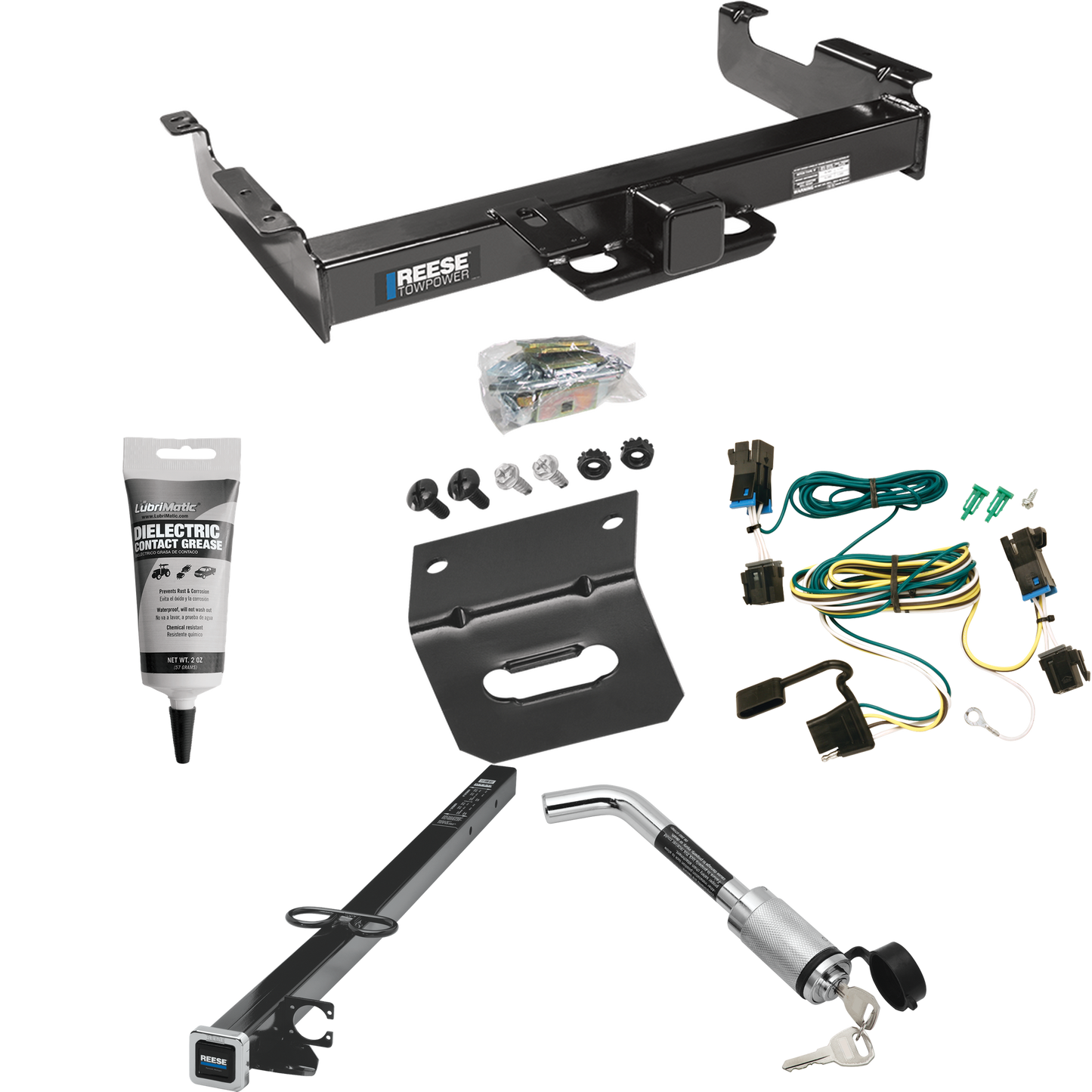 Fits 2003-2023 GMC Savana 3500 Trailer Hitch Tow PKG w/ 4-Flat Wiring Harness + 2-1/2" to 2" Adapter 41" Length + Hitch Lock + Wiring Bracket + Electric Grease By Reese Towpower