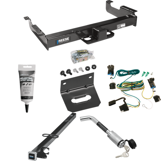 Fits 2003-2023 GMC Savana 3500 Trailer Hitch Tow PKG w/ 4-Flat Wiring Harness + 2-1/2" to 2" Adapter 41" Length + Hitch Lock + Wiring Bracket + Electric Grease By Reese Towpower