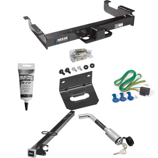 Fits 1996-1999 GMC Savana 2500 Trailer Hitch Tow PKG w/ 4-Flat Wiring Harness + 2-1/2" to 2" Adapter 41" Length + Hitch Lock + Wiring Bracket + Electric Grease By Reese Towpower