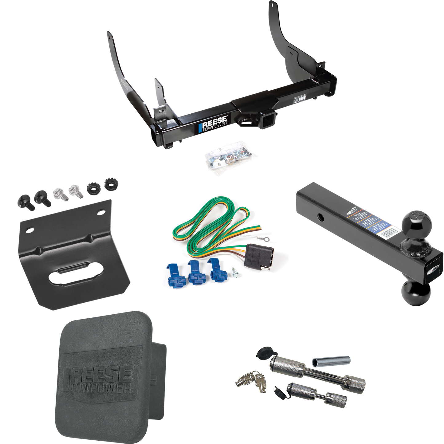 Fits 2006-2008 Ford F-150 Trailer Hitch Tow PKG w/ 4-Flat Wiring Harness + Dual Ball Ball Mount 2" & 2-5/16" Trailer Balls + Dual Hitch & Coupler Locks + Hitch Cover + Wiring Bracket By Reese Towpower