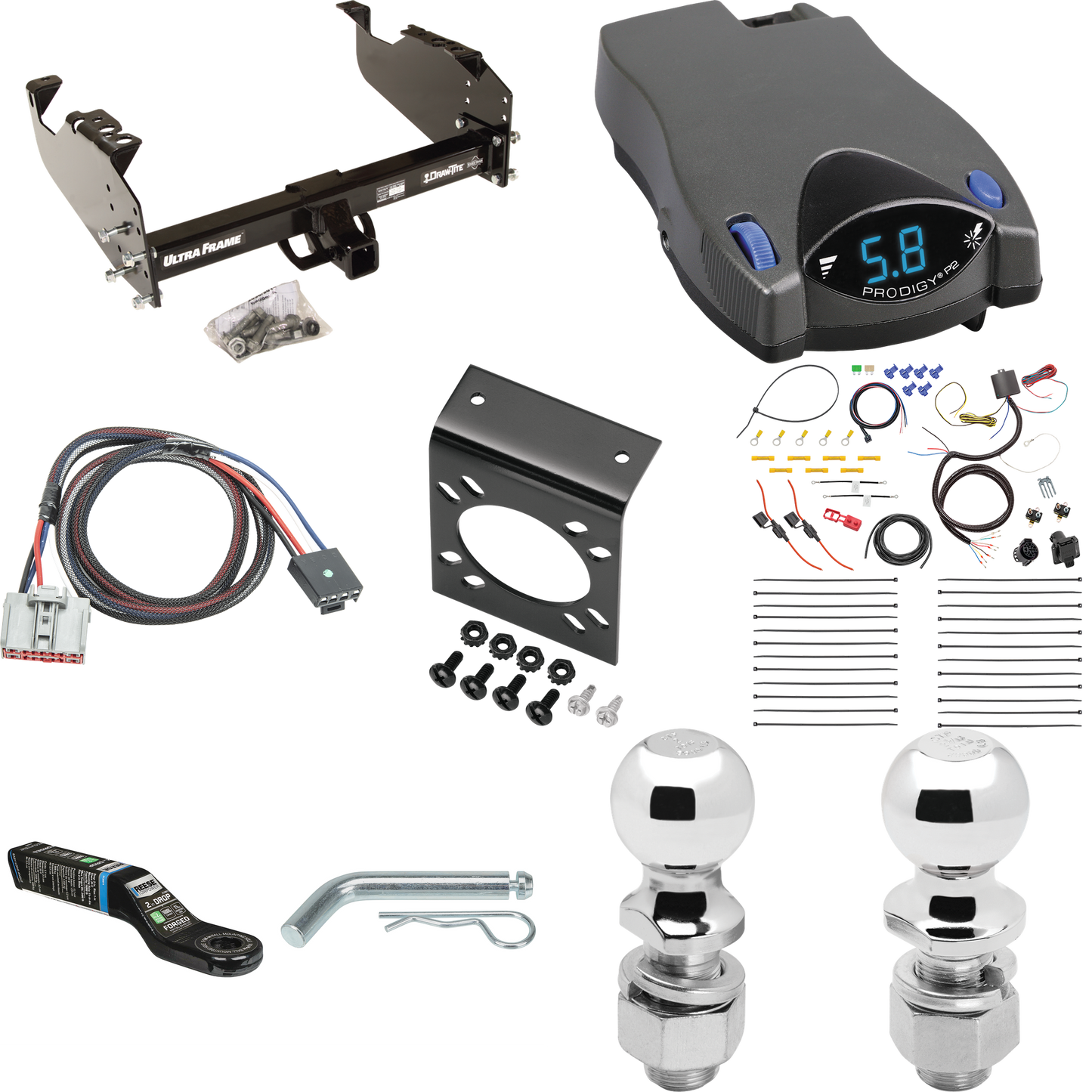 Fits 2020-2023 Chevrolet Silverado 3500 HD Trailer Hitch Tow PKG w/ Tekonsha Prodigy P2 Brake Control + Plug & Play BC Adapter + 7-Way RV Wiring + 2" & 2-5/16" Ball & Drop Mount (For Cab & Chassis, w/34" Wide Frames Models) By Draw-Tite