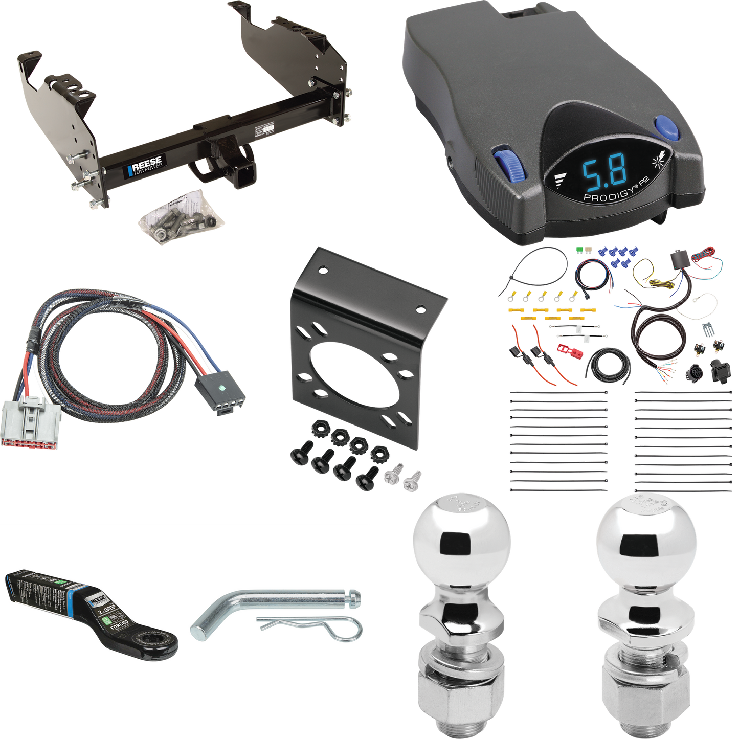 Fits 2020-2019 Chevrolet Silverado 3500 HD Trailer Hitch Tow PKG w/ Tekonsha Prodigy P2 Brake Control + Plug & Play BC Adapter + 7-Way RV Wiring + 2" & 2-5/16" Ball & Drop Mount (For Cab & Chassis, w/34" Wide Frames Models) By Reese Towpower