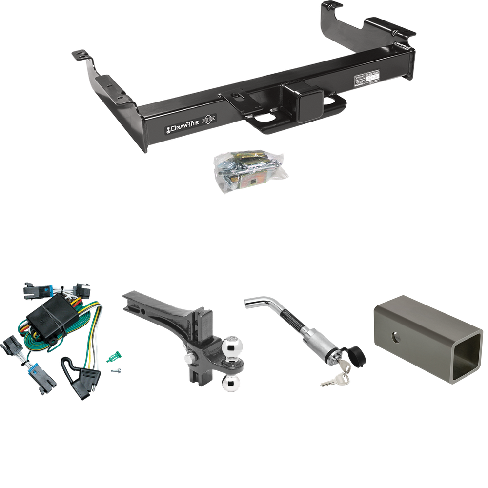 Fits 2000-2002 Chevrolet Express 3500 Trailer Hitch Tow PKG w/ 4-Flat Wiring Harness + 2-1/2" to 2" Adapter 6" Length + Adjustable Drop Rise Dual Ball Ball Mount 2" & 2-5/16" Trailer Balls + Hitch Lock By Draw-Tite