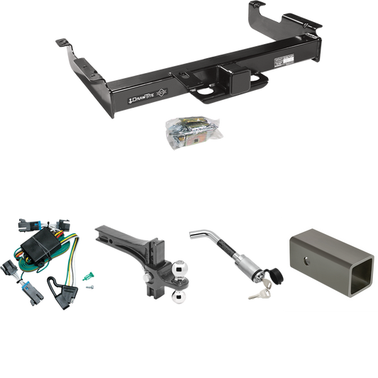 Fits 2000-2002 Chevrolet Express 3500 Trailer Hitch Tow PKG w/ 4-Flat Wiring Harness + 2-1/2" to 2" Adapter 6" Length + Adjustable Drop Rise Dual Ball Ball Mount 2" & 2-5/16" Trailer Balls + Hitch Lock By Draw-Tite