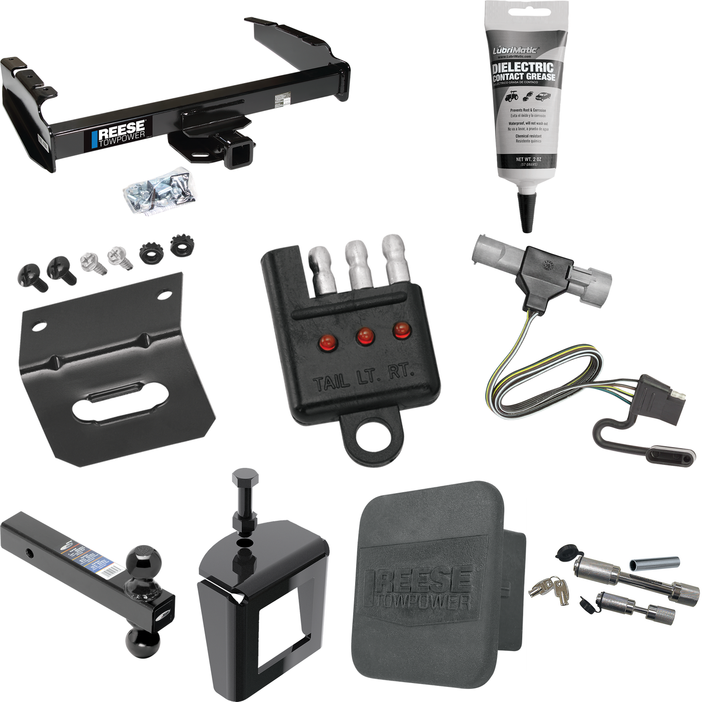 Fits 1987-1996 Ford F-250 Trailer Hitch Tow PKG w/ 4-Flat Wiring Harness + Dual Ball Ball Mount 2" & 2-5/16" Trailer Balls + Dual Hitch & Coupler Locks + Hitch Cover + Wiring Bracket + Wiring Tester + Electric Grease + Anti Rattle Device By Reese Tow