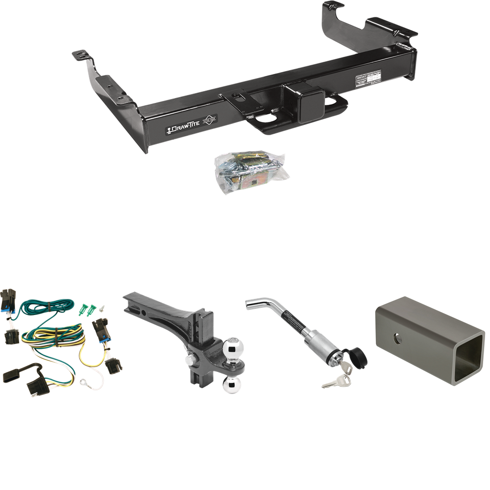 Fits 2003-2023 Chevrolet Express 2500 Trailer Hitch Tow PKG w/ 4-Flat Wiring Harness + 2-1/2" to 2" Adapter 6" Length + Adjustable Drop Rise Dual Ball Ball Mount 2" & 2-5/16" Trailer Balls + Hitch Lock By Draw-Tite