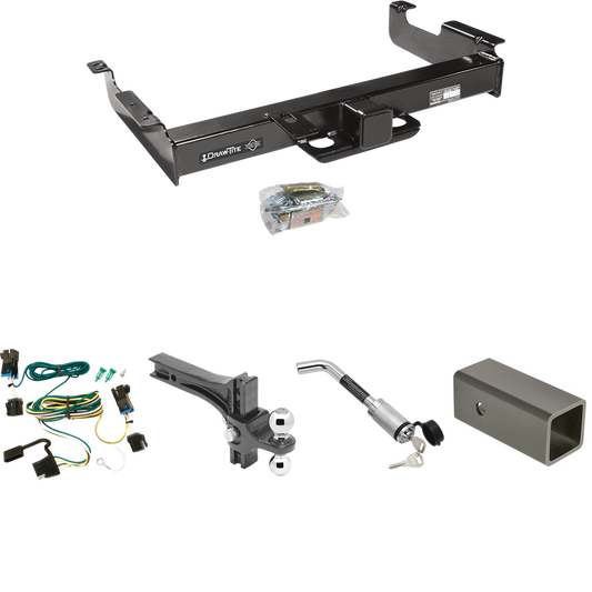 Fits 2003-2023 Chevrolet Express 2500 Trailer Hitch Tow PKG w/ 4-Flat Wiring Harness + 2-1/2" to 2" Adapter 6" Length + Adjustable Drop Rise Dual Ball Ball Mount 2" & 2-5/16" Trailer Balls + Hitch Lock By Draw-Tite